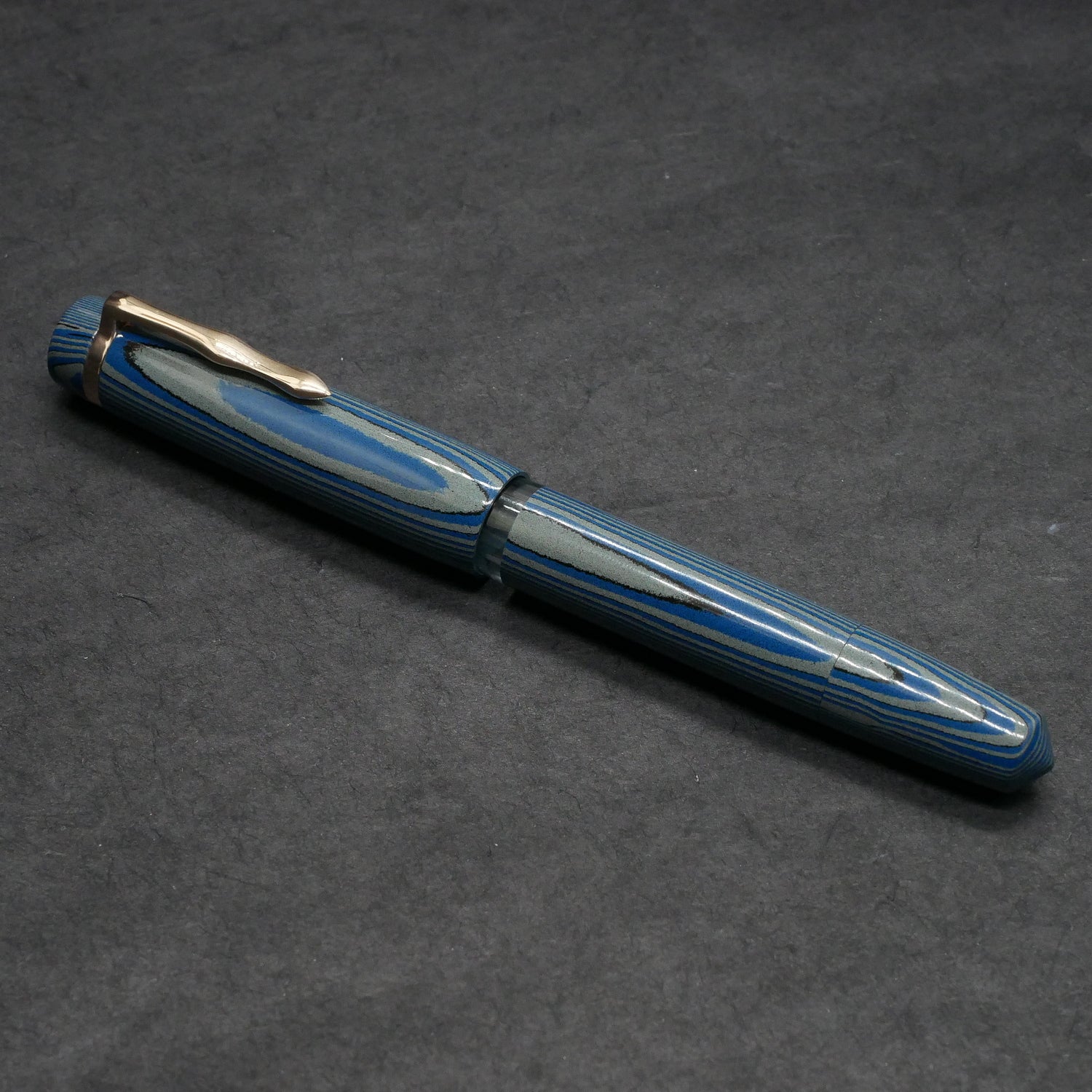 Knickerbocker - Medium - Nikko Blue/Gray striated ebonite, blue acrylic window - cast clip - piston -  Bock #8 nib