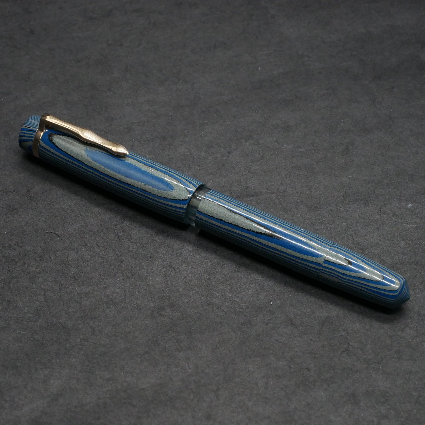 Knickerbocker - Medium - Nikko Blue/Gray striated ebonite, blue acrylic window - cast clip - piston - Bock #8 nib