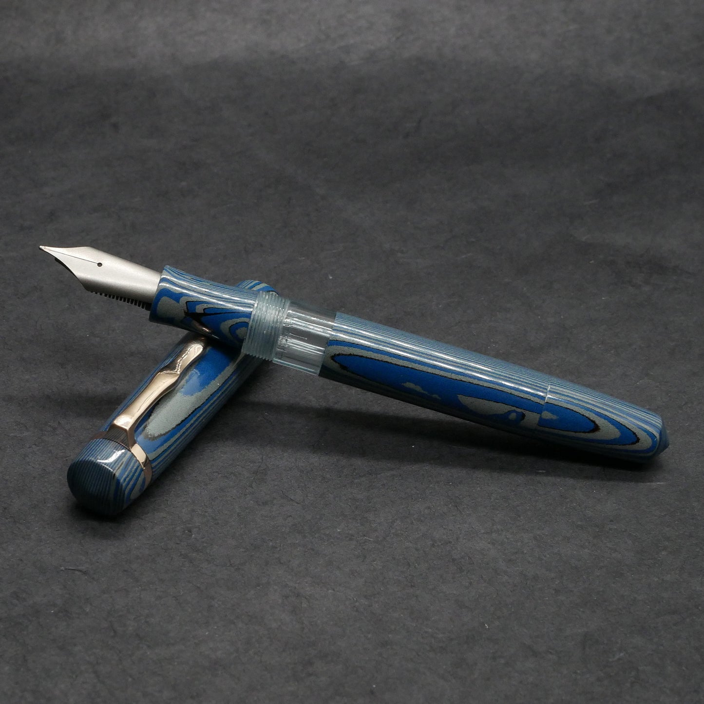 Knickerbocker - Medium - Nikko Blue/Gray striated ebonite, blue acrylic window - cast clip - piston - Bock #8 nib