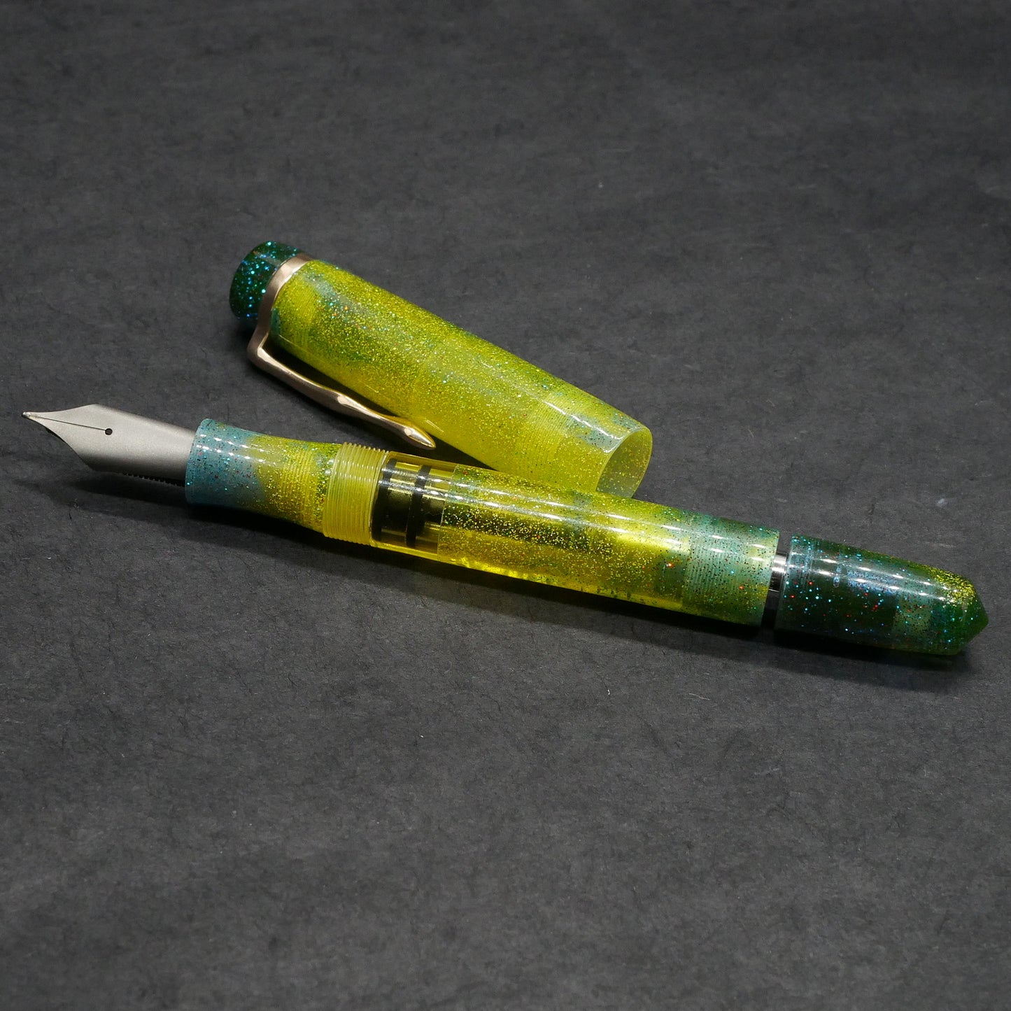 Knickerbocker - Medium - D Squared Arts Acid Bath resin, yellow acrylic window - cast clip - piston - Bock #8 nib