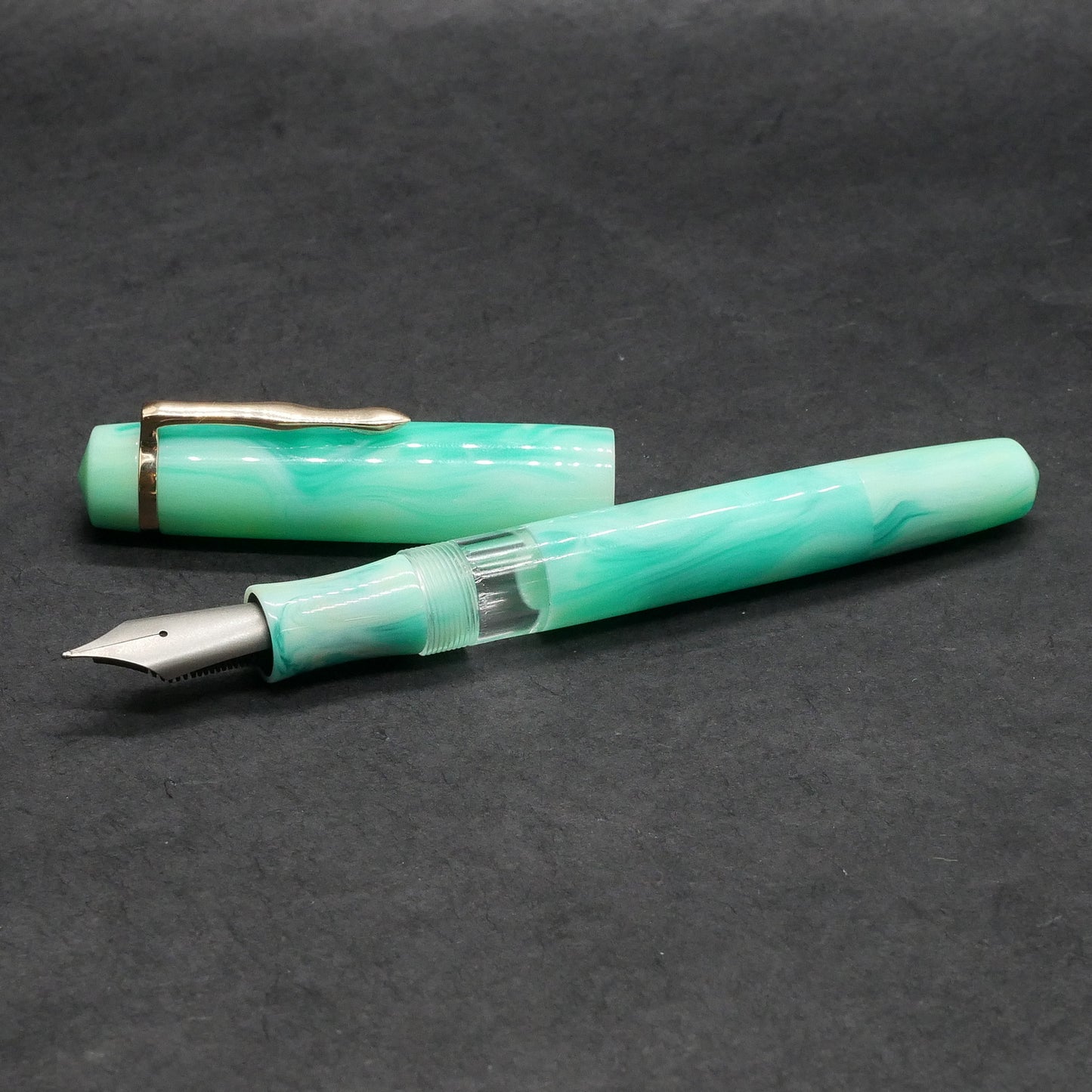 Knickerbocker - Medium - D Squared Arts Springtime resin, clear acrylic window - cast clip - piston - Bock #8 nib