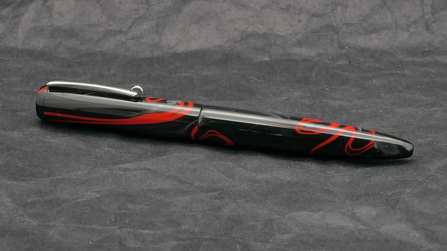 Preston fountain pen - slim - Black with Red whirl acrylic - clip - Jowo #6 nib