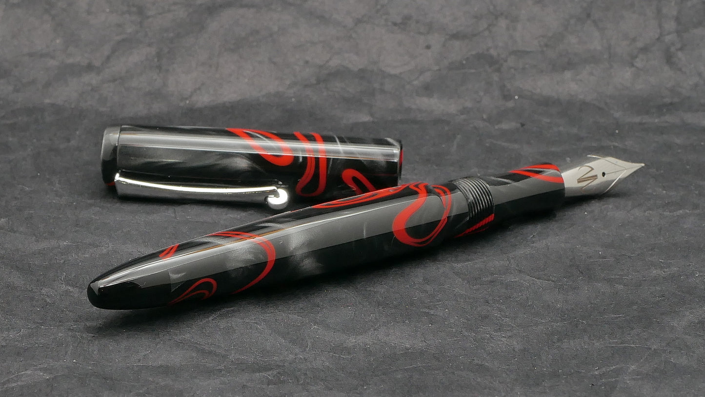 Preston fountain pen - slim - Black with Red whirl acrylic - clip - Jowo #6 nib