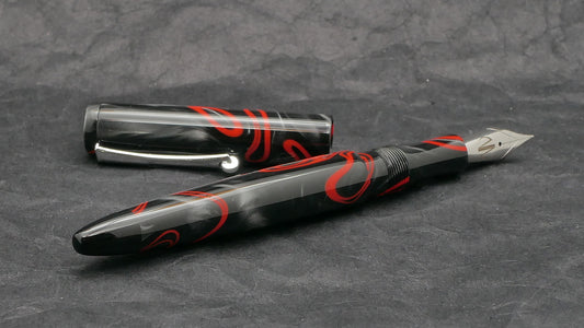 Preston fountain pen - slim - Black with Red whirl acrylic - clip - Jowo #6 nib