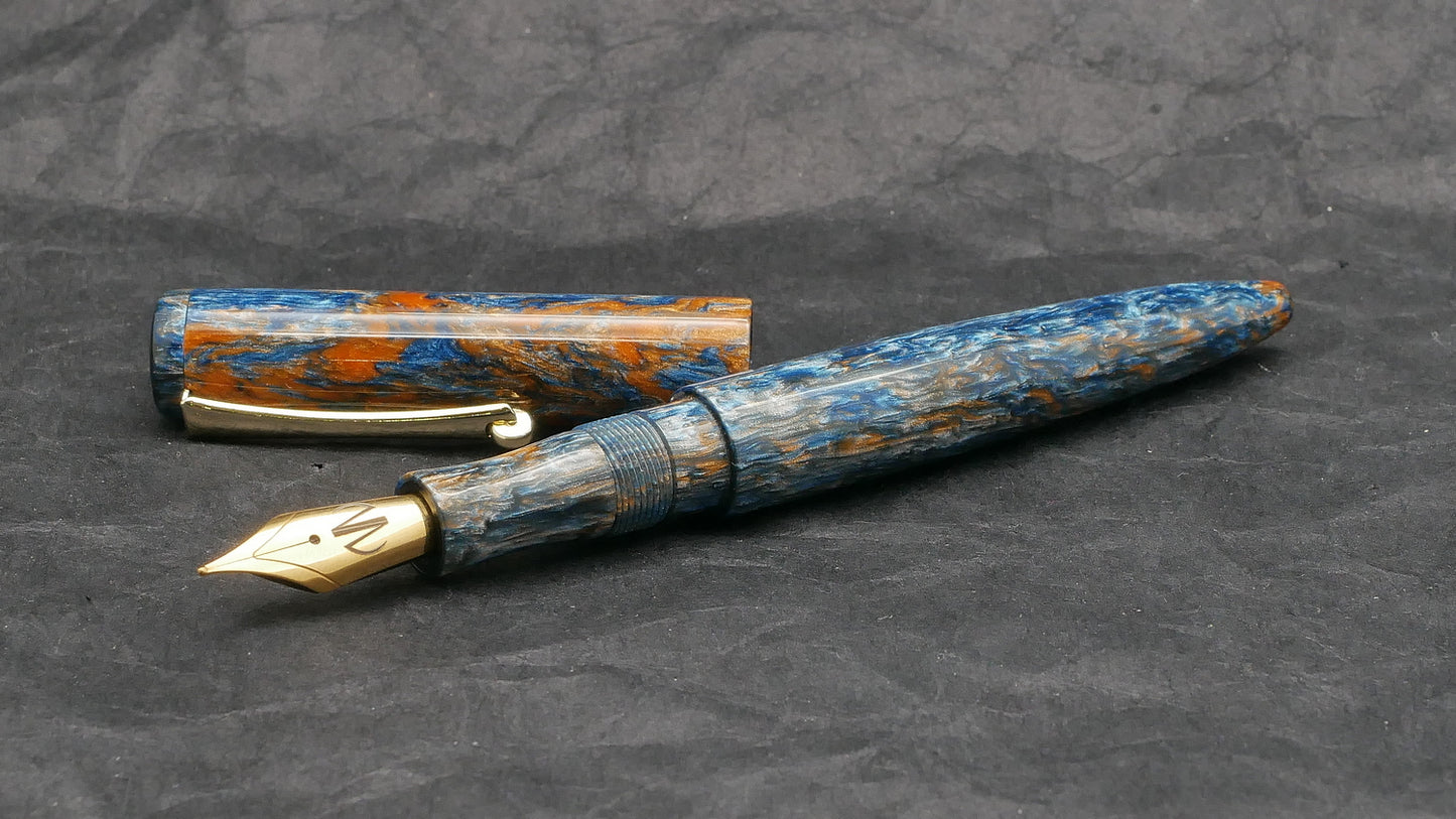 Preston fountain pen - slim - McKenzie blue/orange resin - clip - Jowo #6 nib
