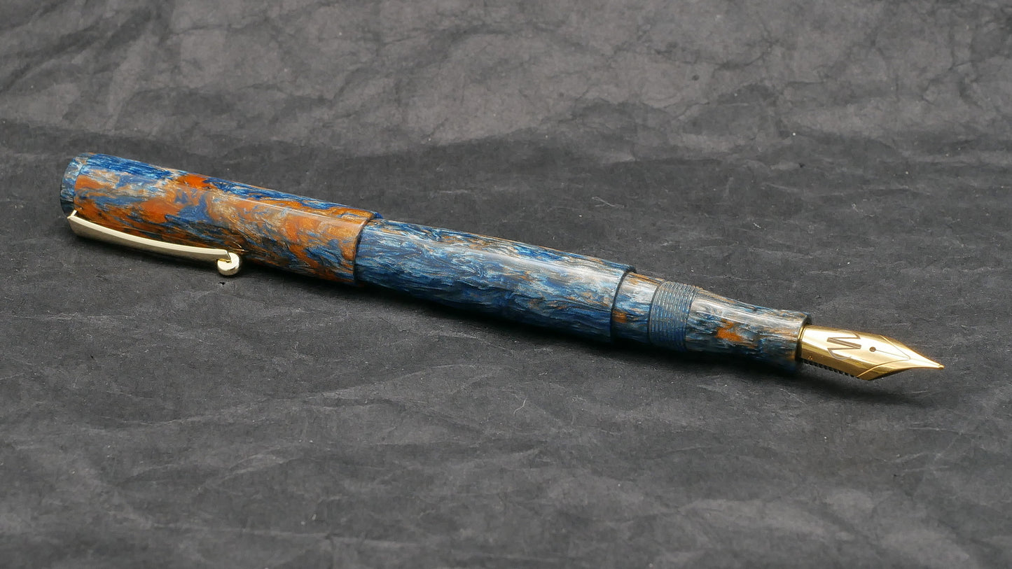 Preston fountain pen - slim - McKenzie blue/orange resin - clip - Jowo #6 nib