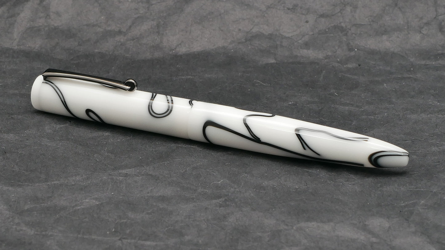 Preston fountain pen - slim - White with Black whirl acrylic - clip - Jowo #6 nib