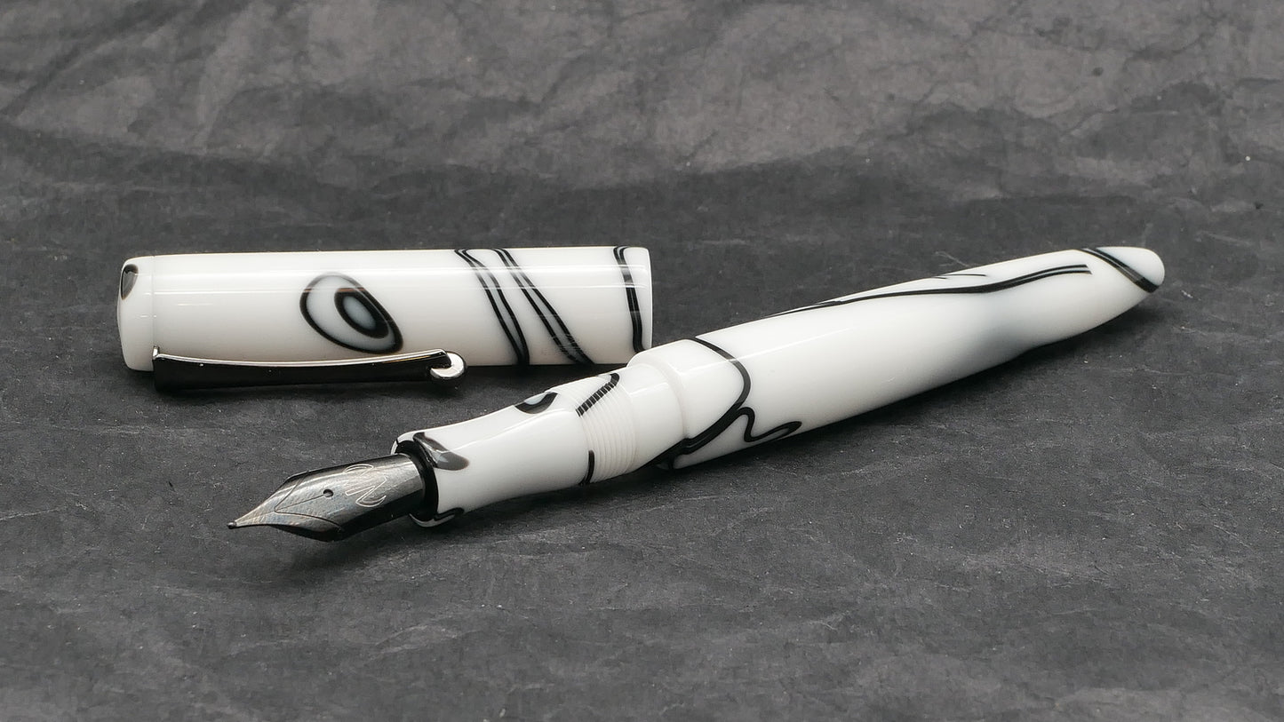 Preston fountain pen - slim - White with Black whirl acrylic - clip - Jowo #6 nib