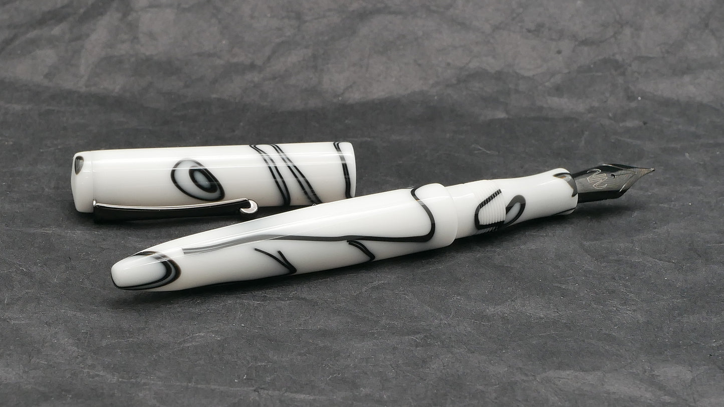Preston fountain pen - slim - White with Black whirl acrylic - clip - Jowo #6 nib