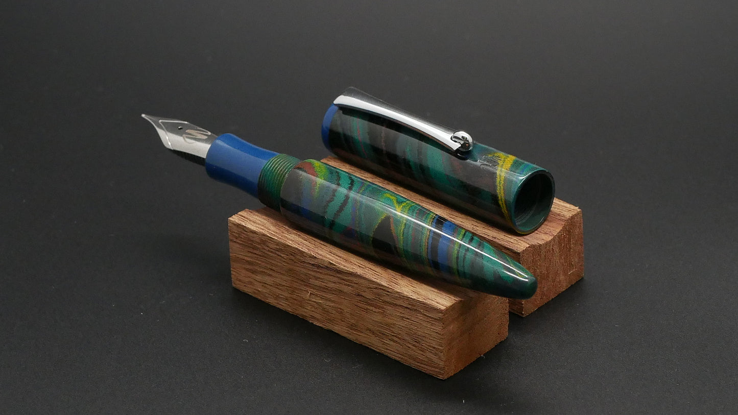 Preston fountain pen  - slim - Shorty - Peacock swirl ebonite - clip - Jowo #6 nib - Short carts only