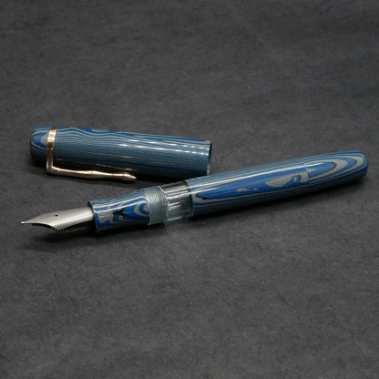 Knickerbocker - Medium - Nikko Blue/Gray striated ebonite, blue acrylic window - cast clip - piston -  Bock #8 nib