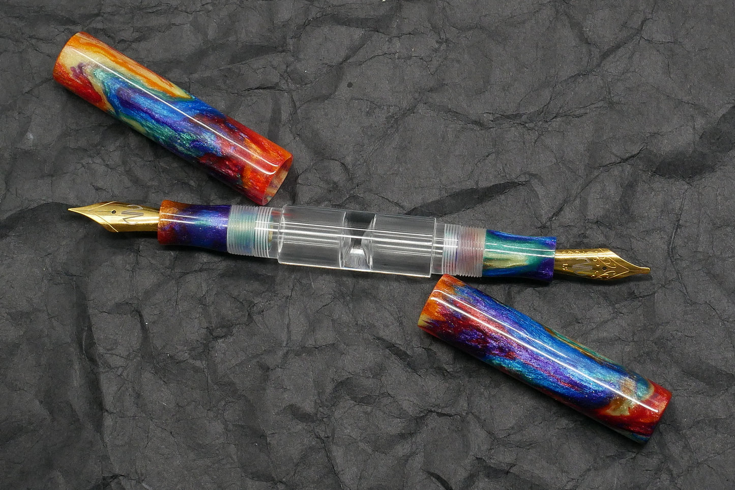 Eastman Palindrome -Small – McKenzie Oil Slick resin , clear barrel - 2 #6 nibs