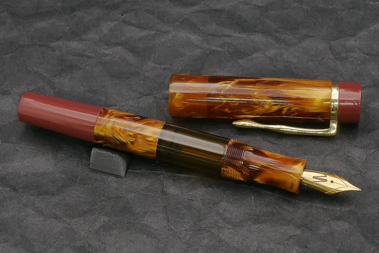 Orville - Large - Corrl Creations, Amber Tortoise and Dark Red resins - clip - piston - #6 nib