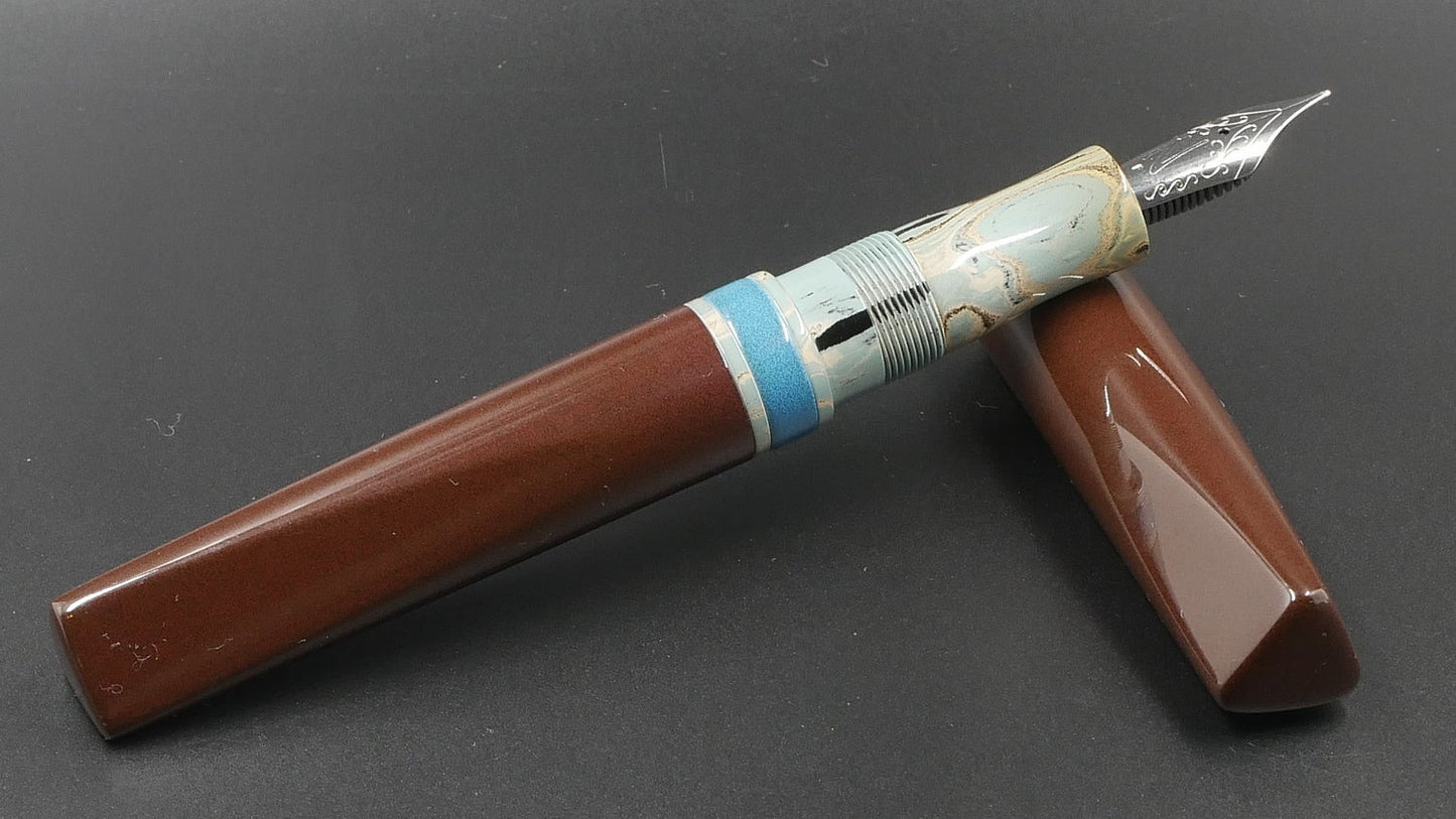 Prospector - Medium - Nikko Chocolate Brown and Light Blue, SEM Light Camo ebonites - Jowo #6 nib