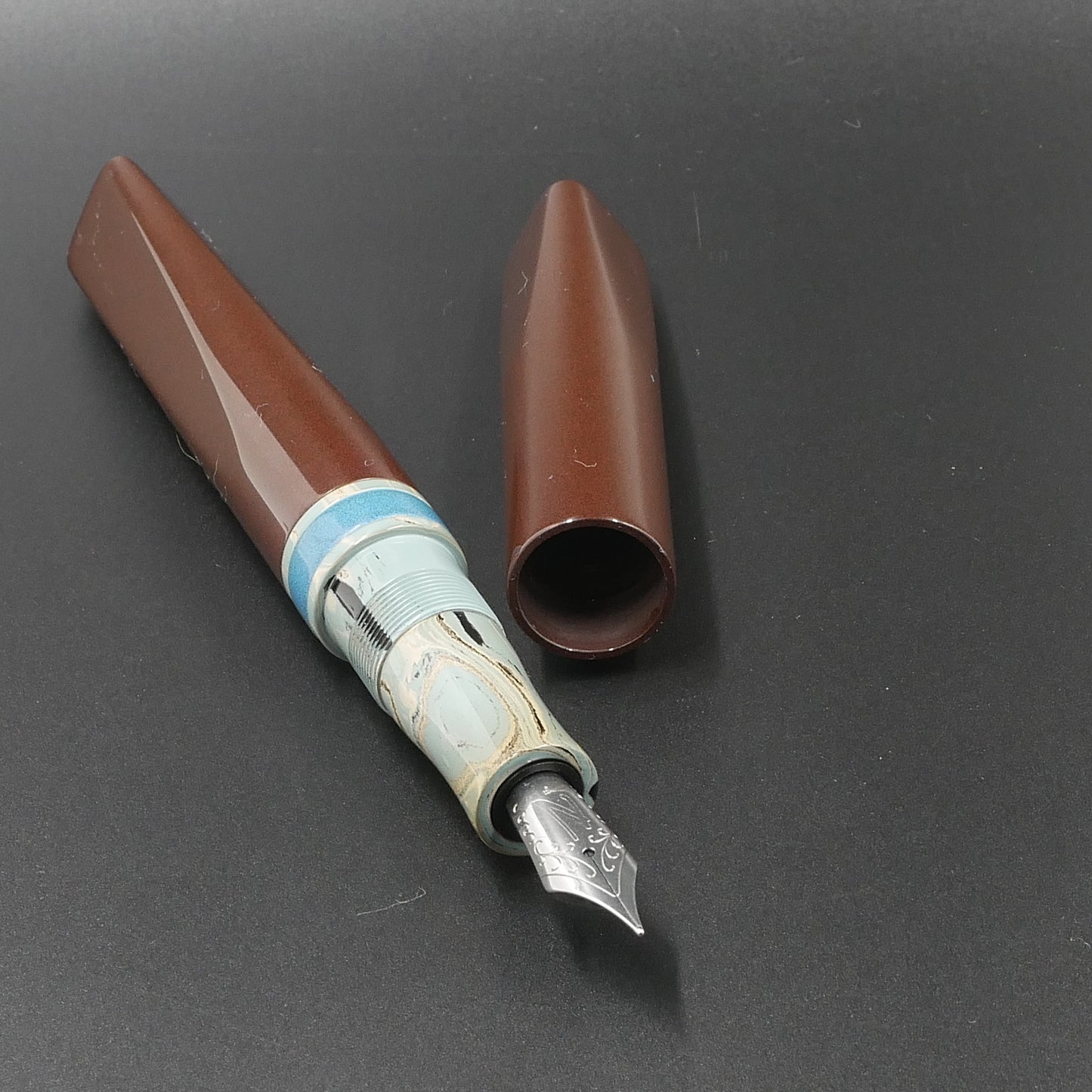 Prospector - Medium - Nikko Chocolate Brown and Light Blue, SEM Light Camo ebonites - Jowo #6 nib