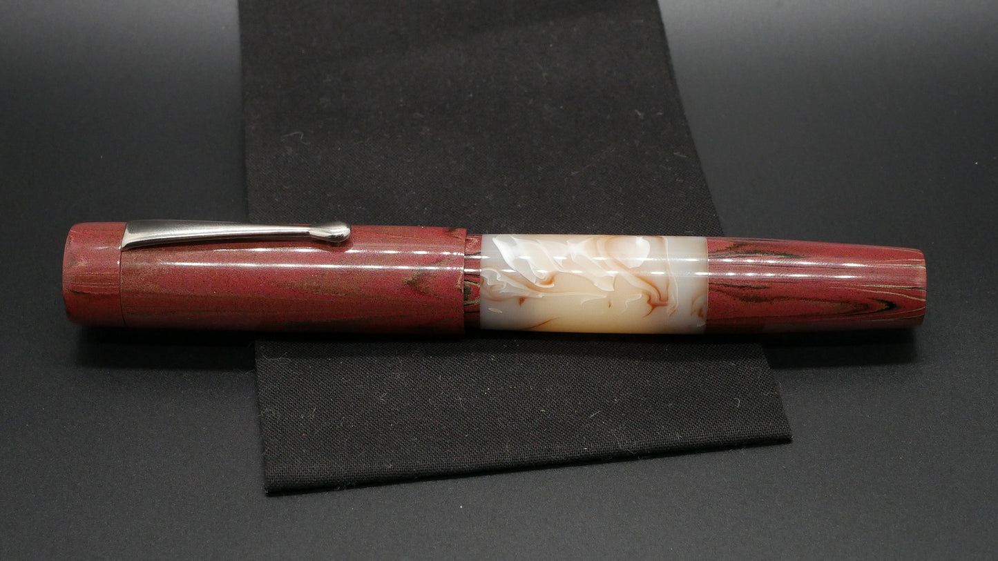 Orville - oversize - Antique Rose ripple ebonite and alabaster acrylic, doublet - clip - #6 nib