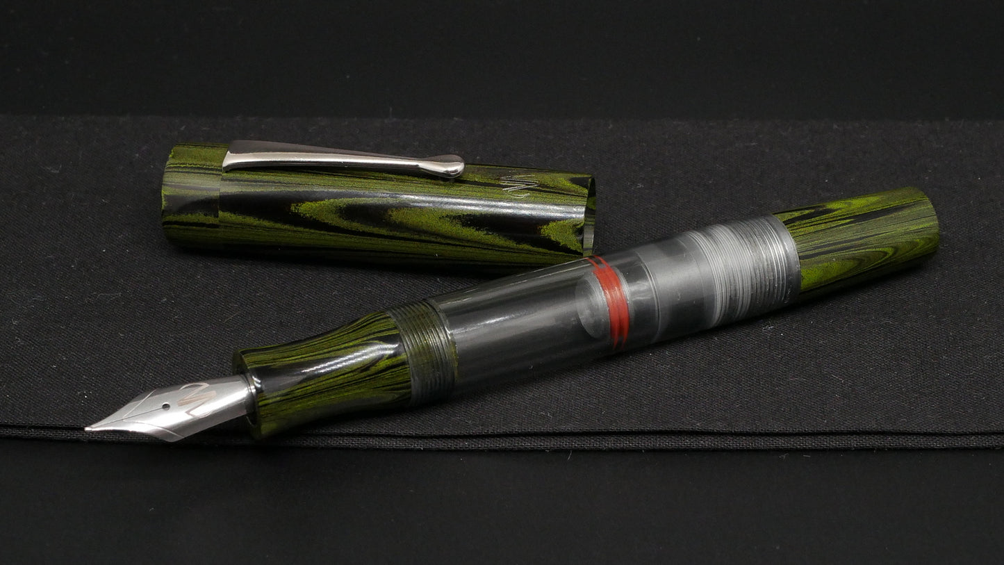 Orville - Large - Nikko green ripple ebonite, clear gray acrylic - clip - piston - #6 nib