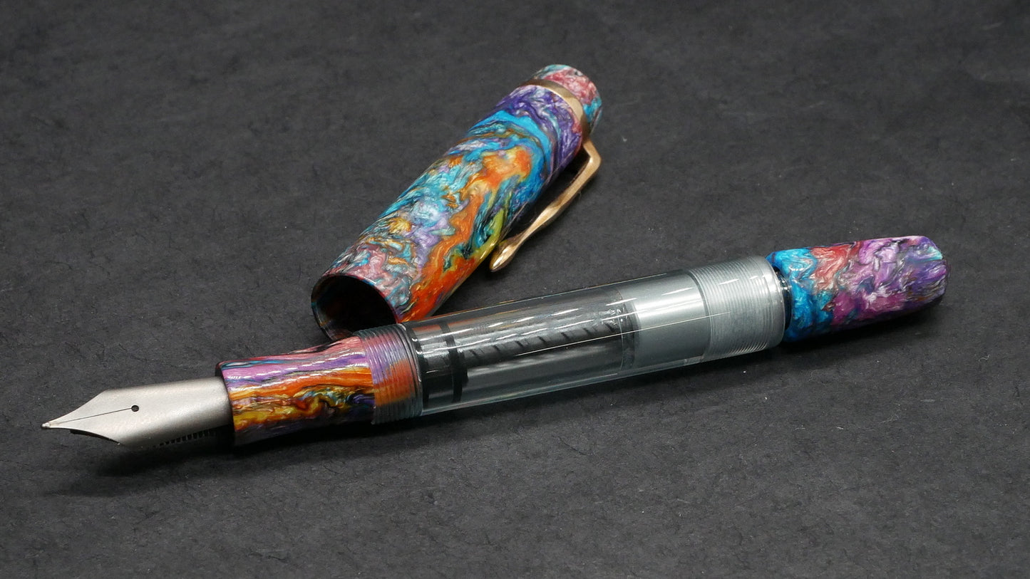 Knickerbocker - Medium - Carolina Pen Co PM4 black resin, clear blue acrylic barrel - cast clip - piston - Bock #8 nib