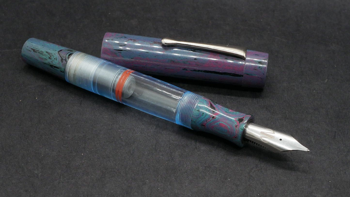 Orville - Large - Deep Blue ebonite and clear blue acrylic window - clip - piston - #8 nib