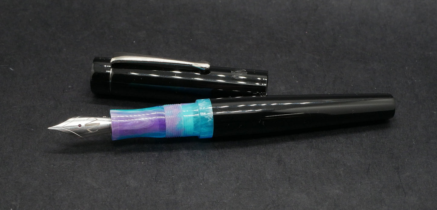 Moody -Small – Solid black and D squared Glacial Borealis resin - #6 nib - clip