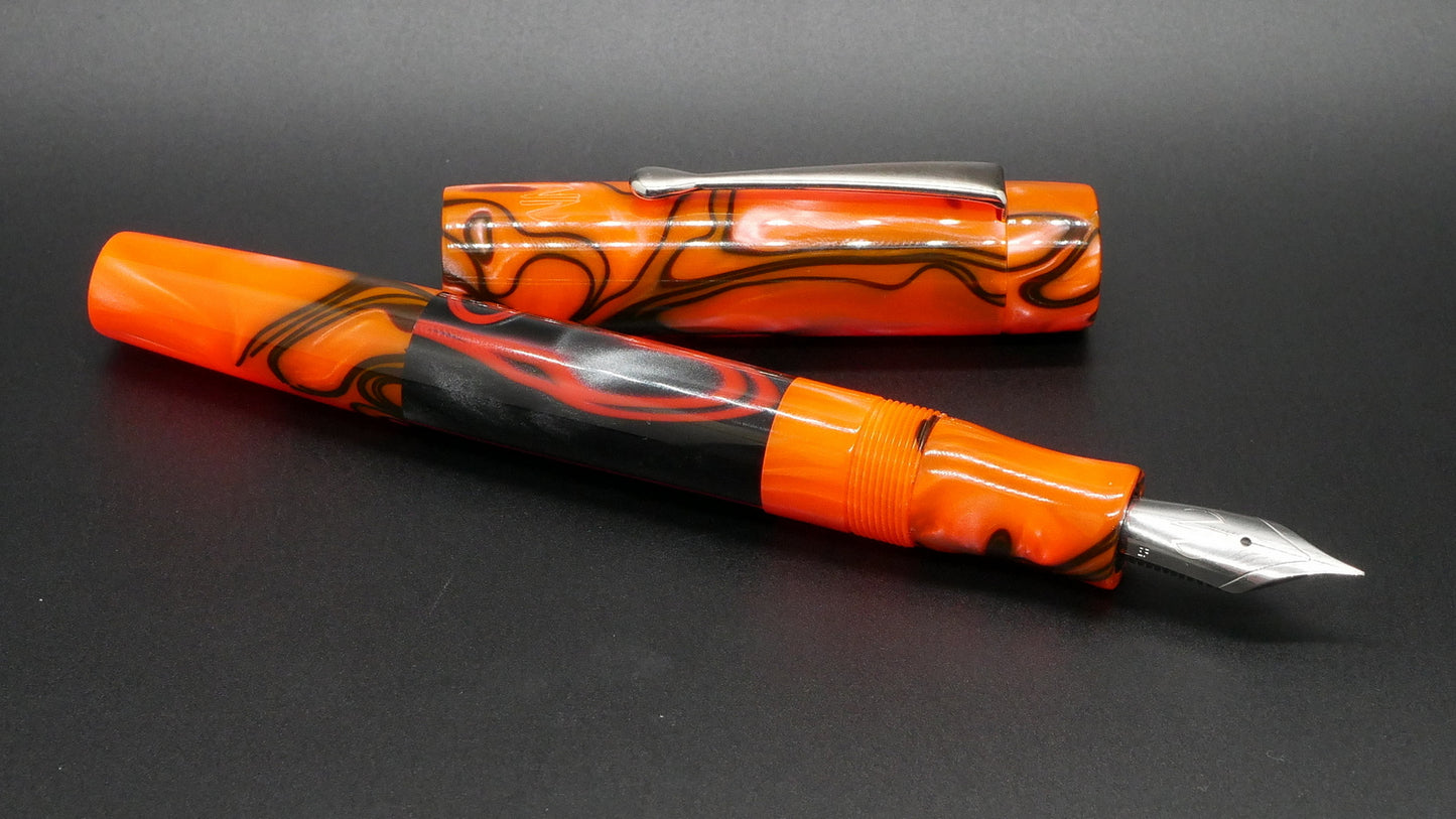 Orville - medium - Neon Orange and Black whirl Kirinites, doublet - clip - Jowo #6 nib