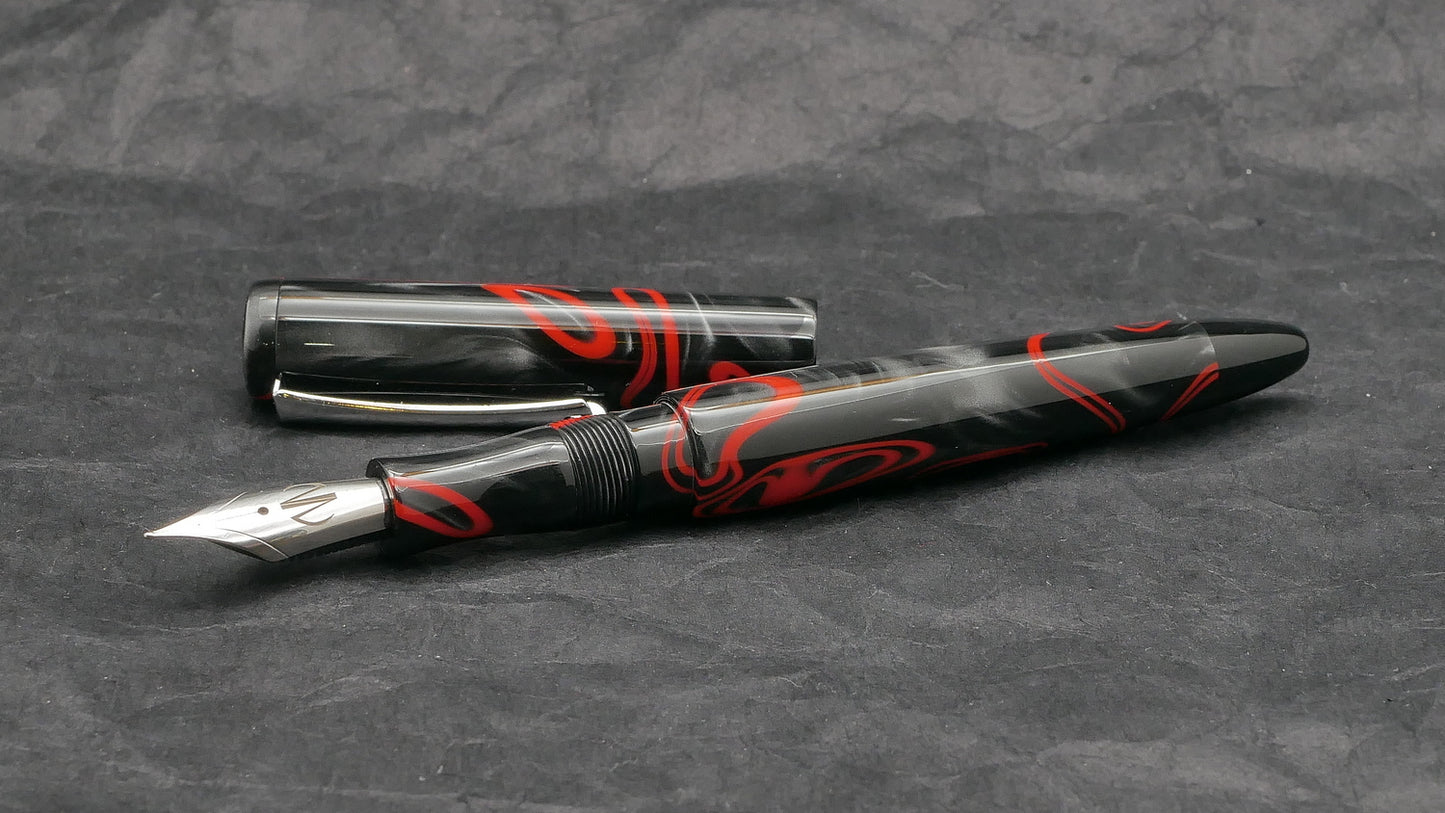 Preston fountain pen - slim  - Black with Red whirl acrylic - clip - Jowo #6 nib