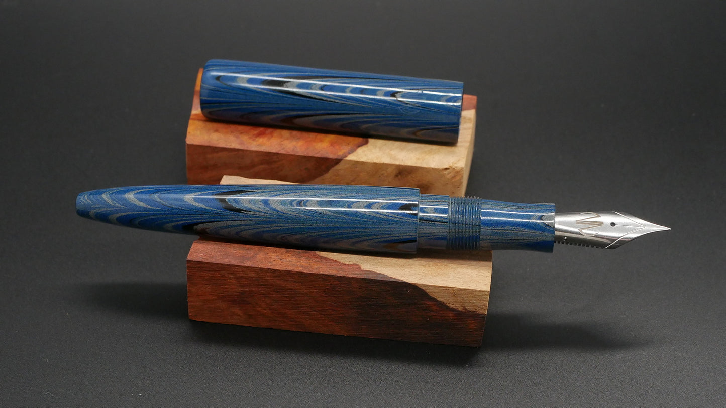 Preston fountain pen  - slim - Mid - Blue and Gray ripple ebonite - Jowo #6 nib