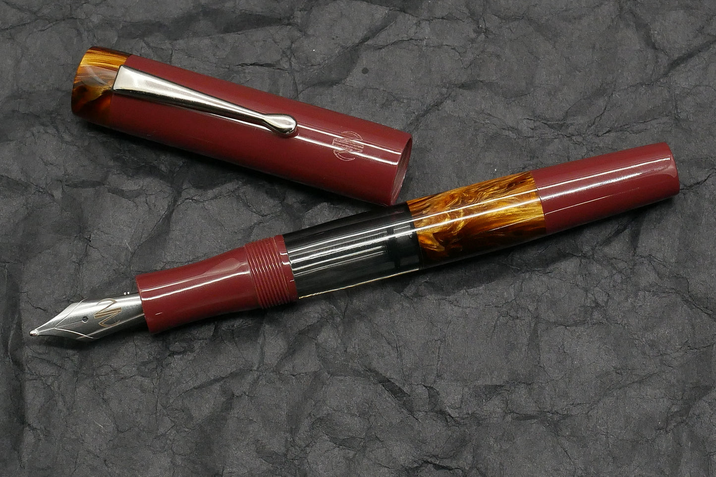 Orville - Medium - Corrl Creations Dark red and Tortoise resins, gray acrylic - clip - piston - #6 nib