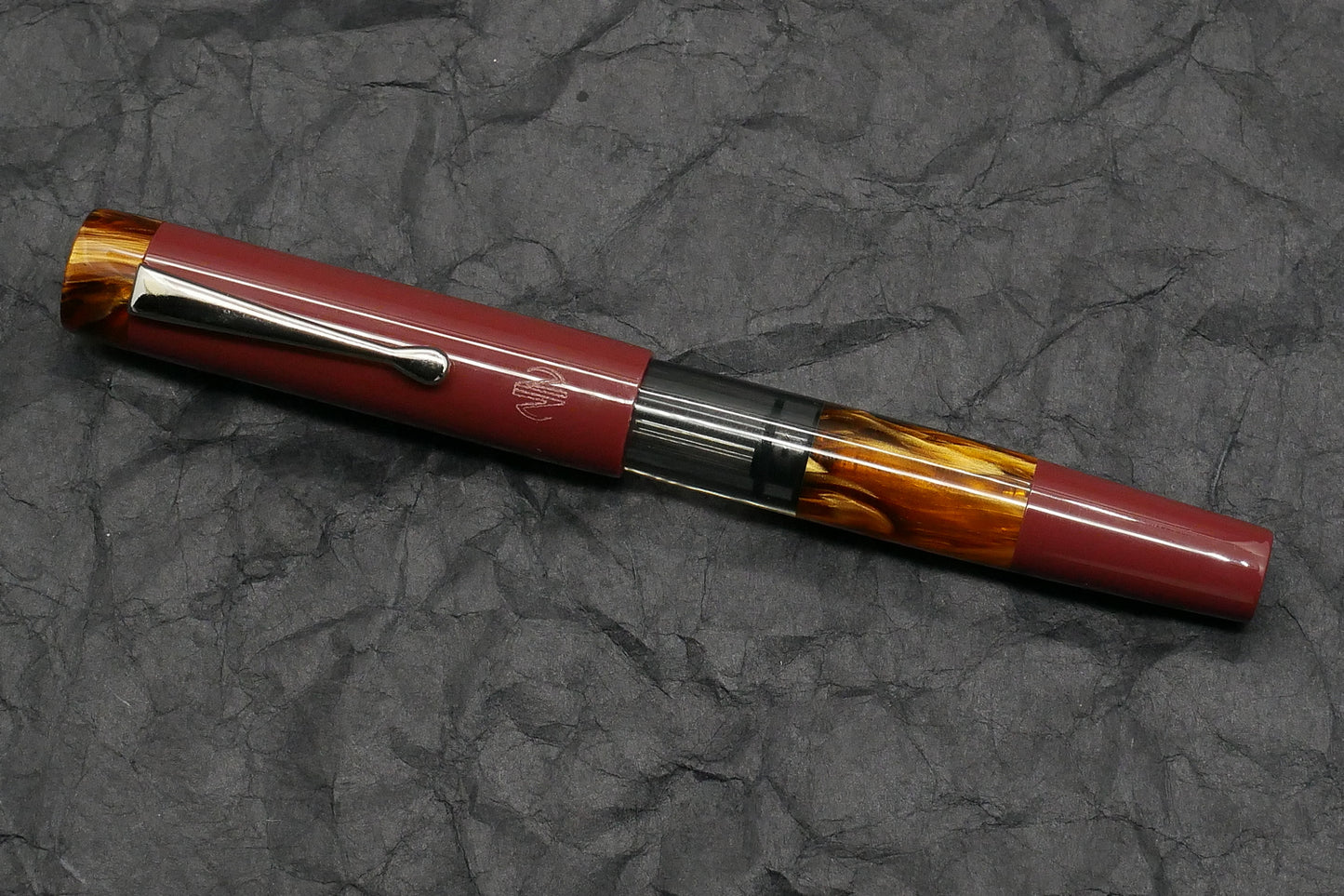 Orville - Medium - Corrl Creations Dark red and Tortoise resins, gray acrylic - clip - piston - #6 nib