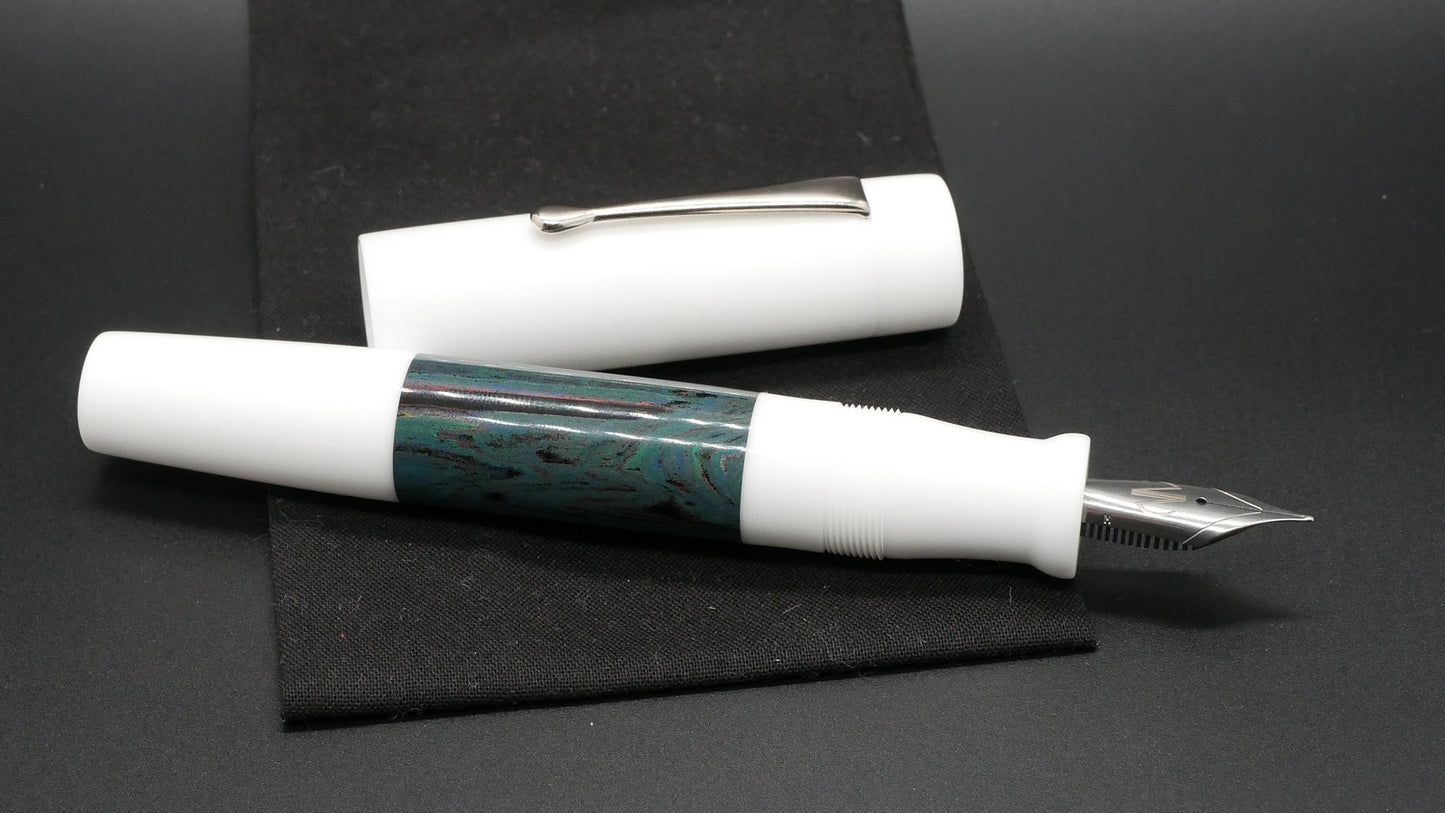 Orville - oversize - White and Deep Sea ripple ebonite, doublet - clip - #6 nib