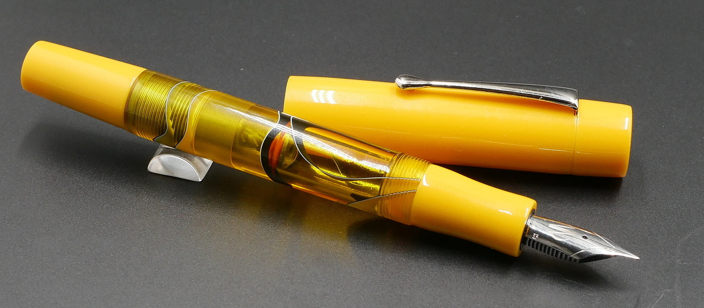 Orville - Medium - Solid Yellow and Bumblebee water acrylic - clip - piston - #6 nib