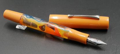 Orville - Medium - Solid light orange and clown water acrylic - clip - piston - #6 nib