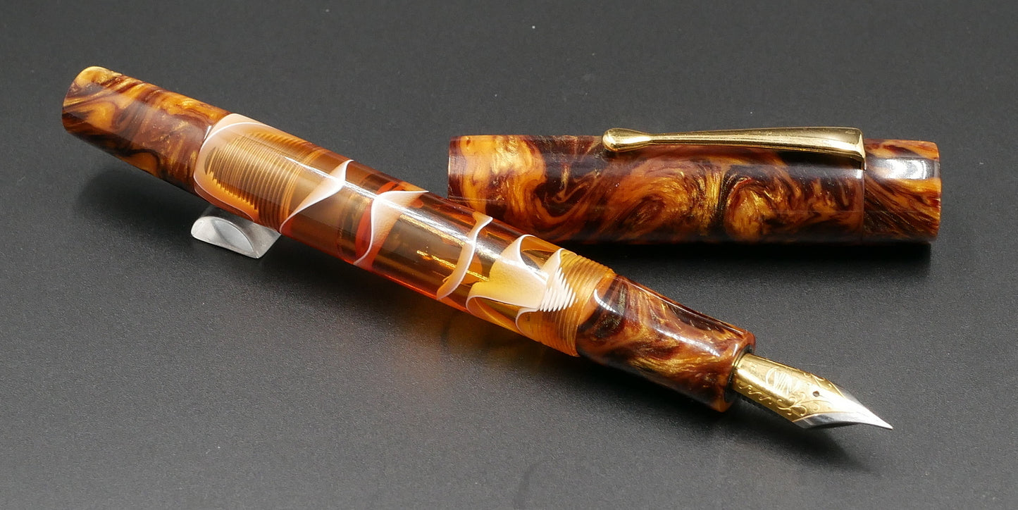 Orville - Medium - Muttblanks amber and amber water acrylic - clip - piston - #6 nib